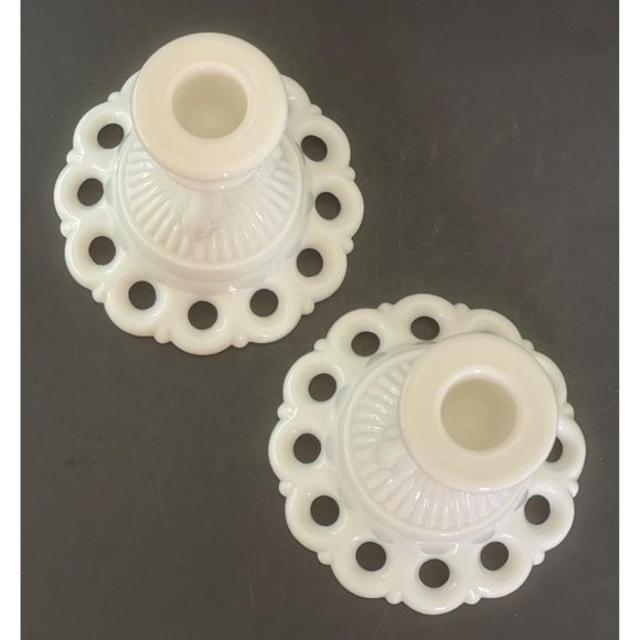 Candlestick Holder Set Vintage Westmoreland Milk Glass Doric Open Lace 4.25" - Picture 6 of 8